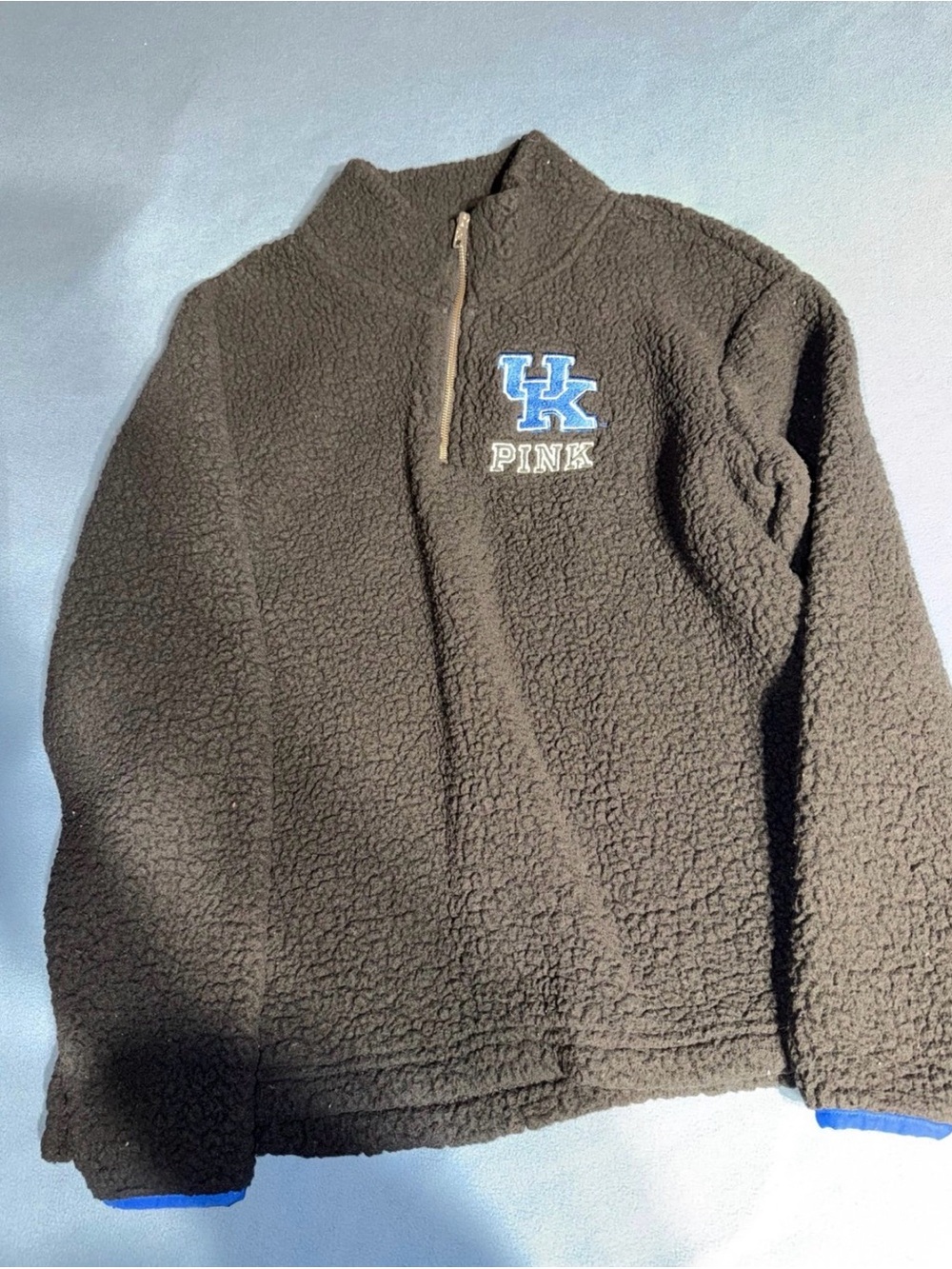 PINK Victoria's Secret Brown Sherpa Quarter-Zip with Blue UK Logo